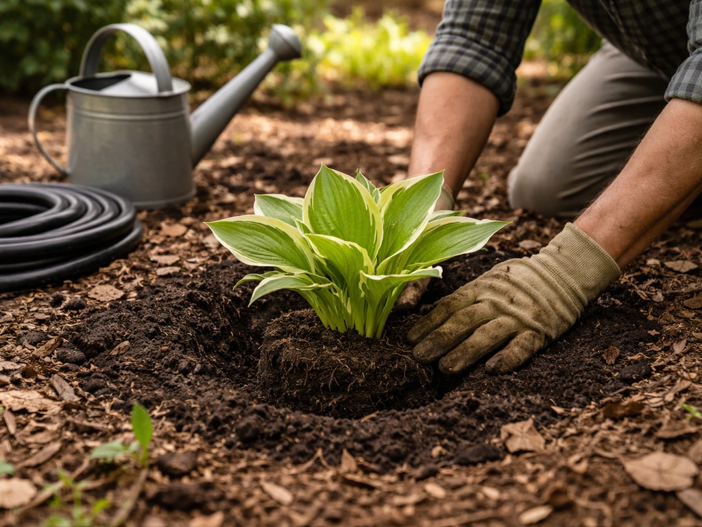Hands planting a hosta in a shaded garden bed with watering can and soaker hose nearby.