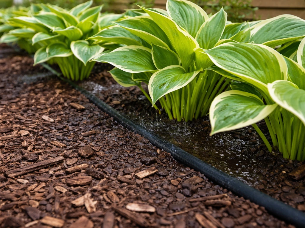 Close-up of hostas with mulch and a soaker hose quietly watering in summer heat.