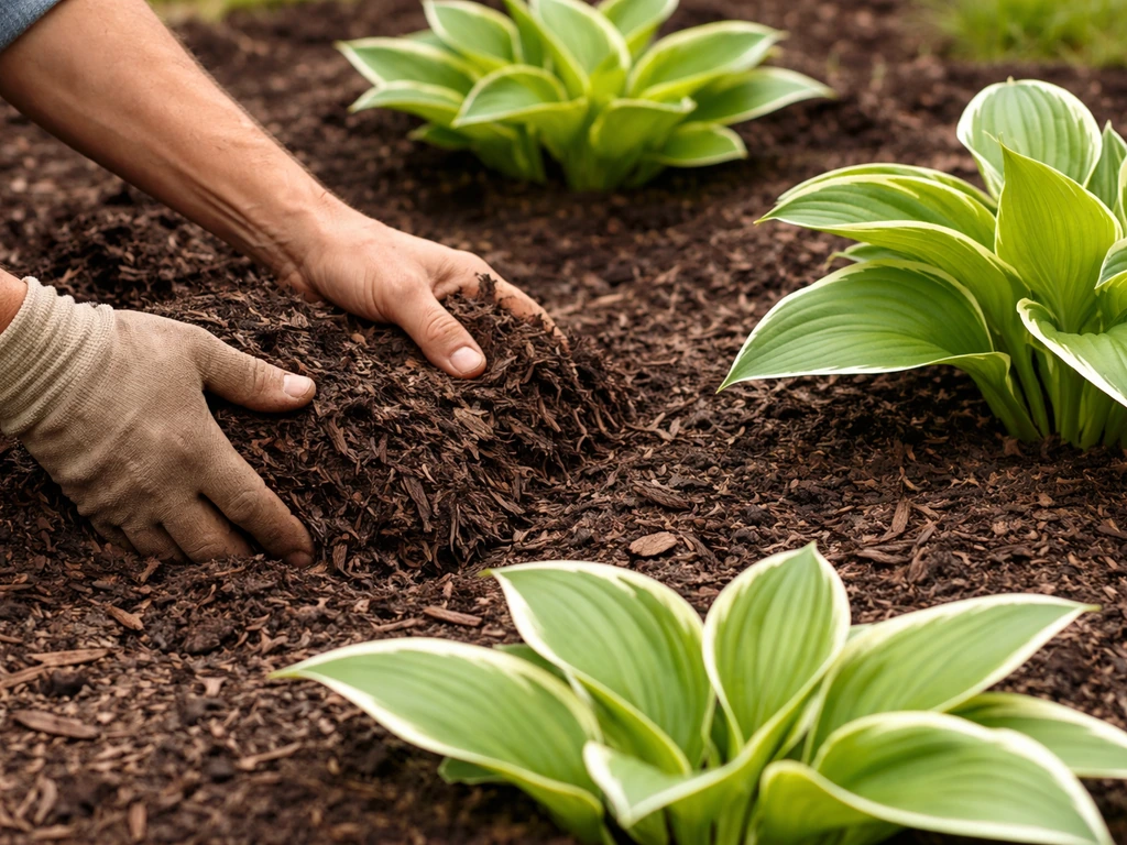 Close-up of dark mulch spread around hostas with the crown left uncovered.