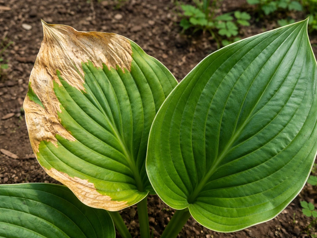 Hotsas leaves close-up showing bleached, papery sun scorch beside healthy green foliage