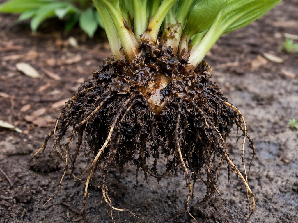 Hollowed hosta crown and compromised roots lifted from damp, poorly drained soil