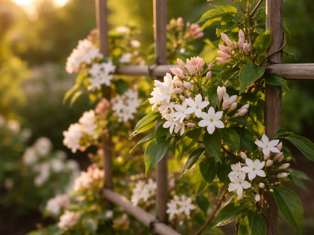 Close-up of jasmine vines with small white and pink blooms climbing a trellis in warm sunlight.